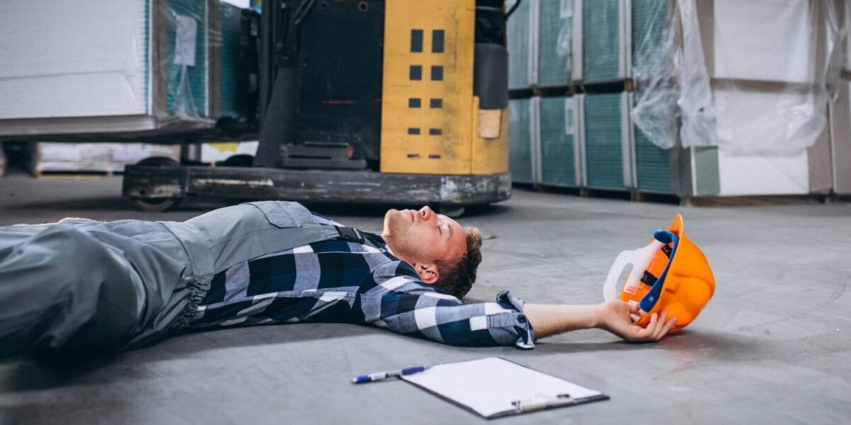 An accident at a warehouse, man on floor An accident at a warehouse, man on floor